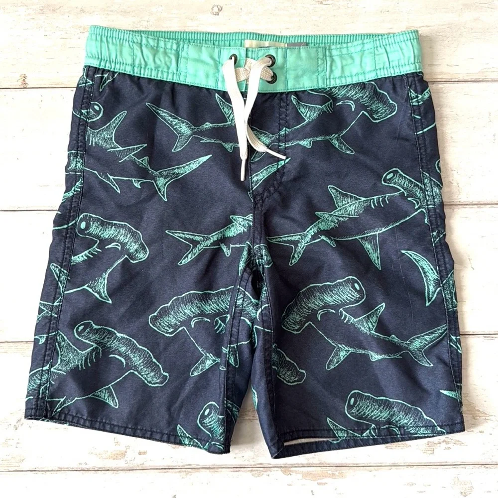 Old Navy 6/7 Boys Shark Print Swimsuit Swim Trunks Blue Teal Kids Size 6 7